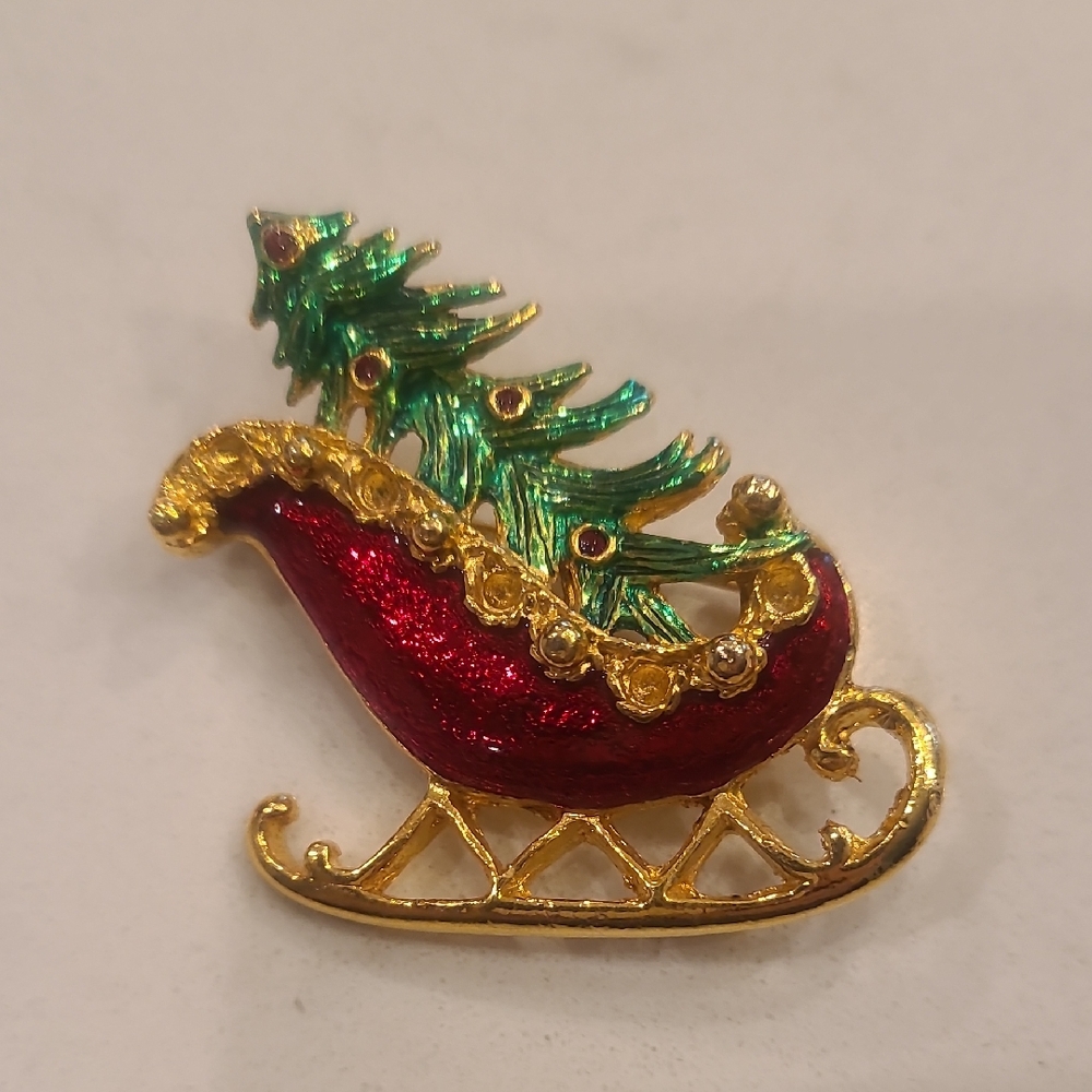 Festive Red and Green Sleigh Brooch